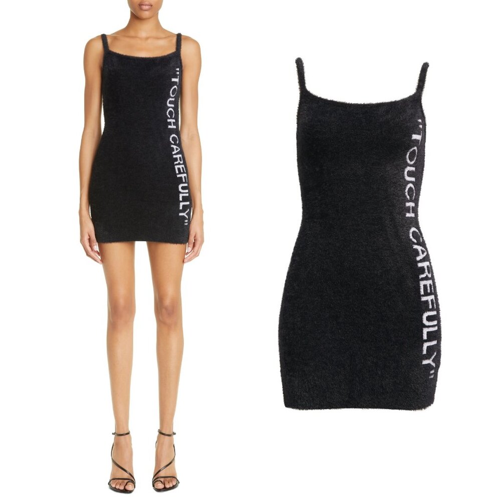 Off-White Virgil Abloh Touch Carefully Quote Fuzzy Minidress in Black 38 2 NWT